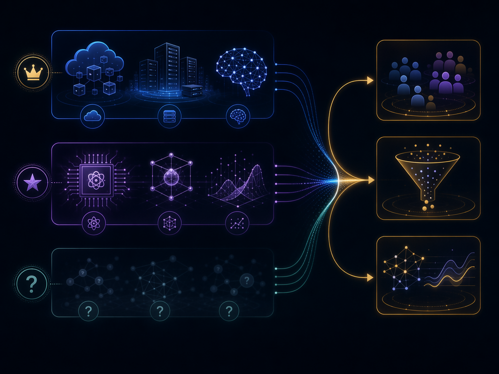 Three-tier framework showing tech giants, pure-play quantum companies, and early-stage IPOs connected to marketing use cases