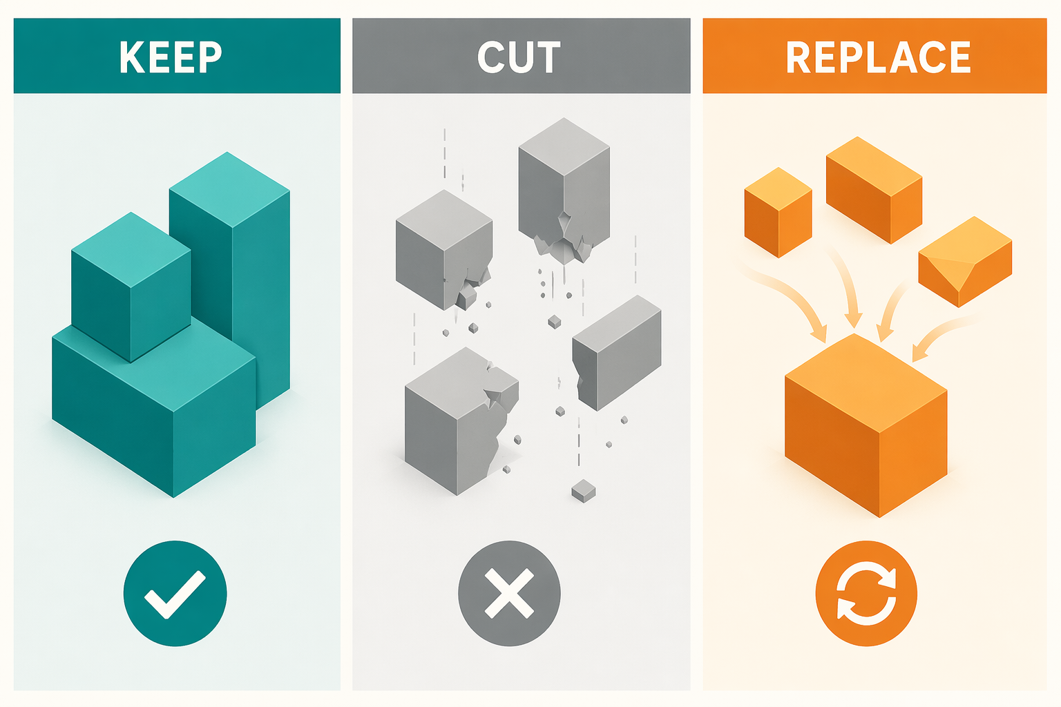Keep, cut, and replace decision framework for content automation tools