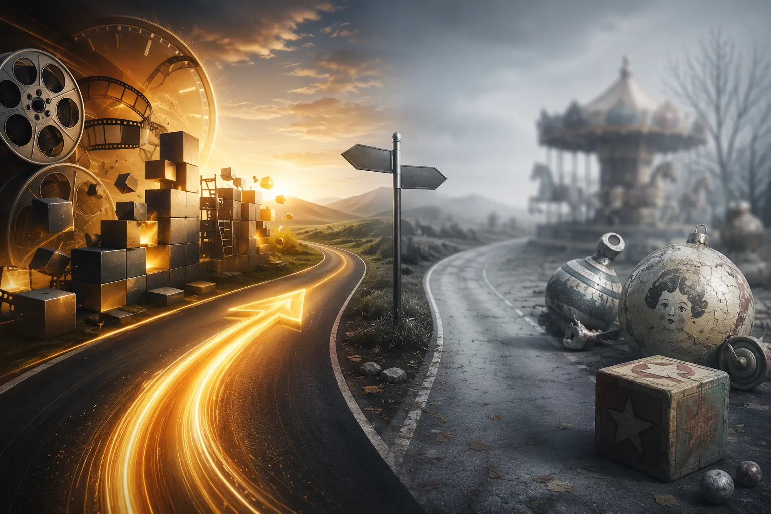 Forked path visual contrasting fast AI production with artificial nostalgic brand memory