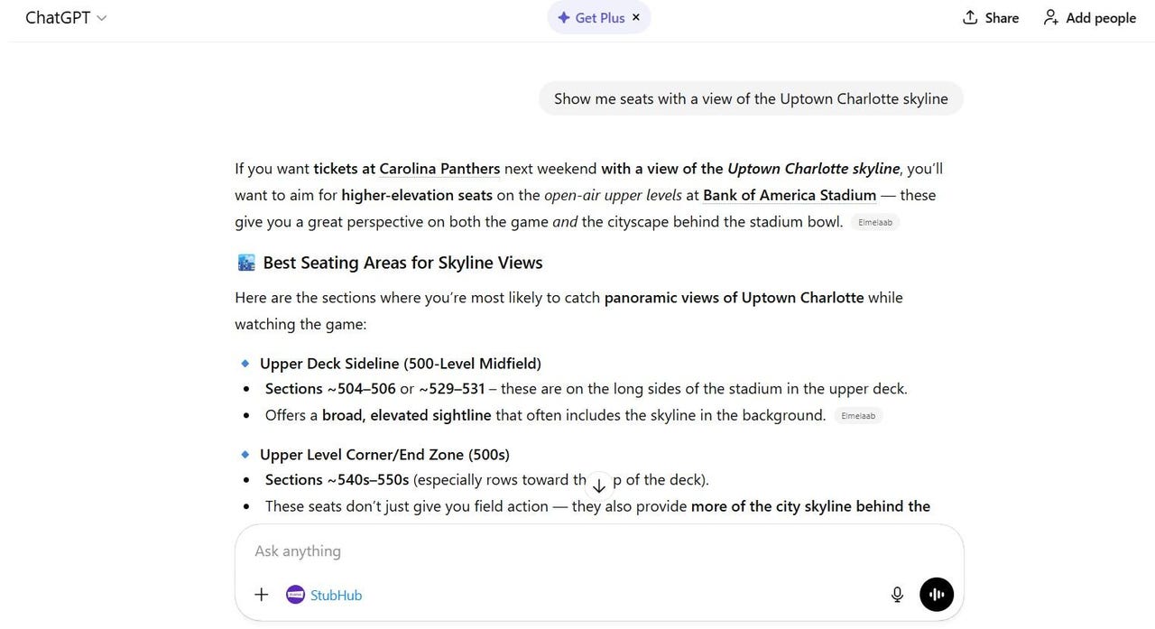 ChatGPT interface with StubHub integration showing a natural-language ticket search
