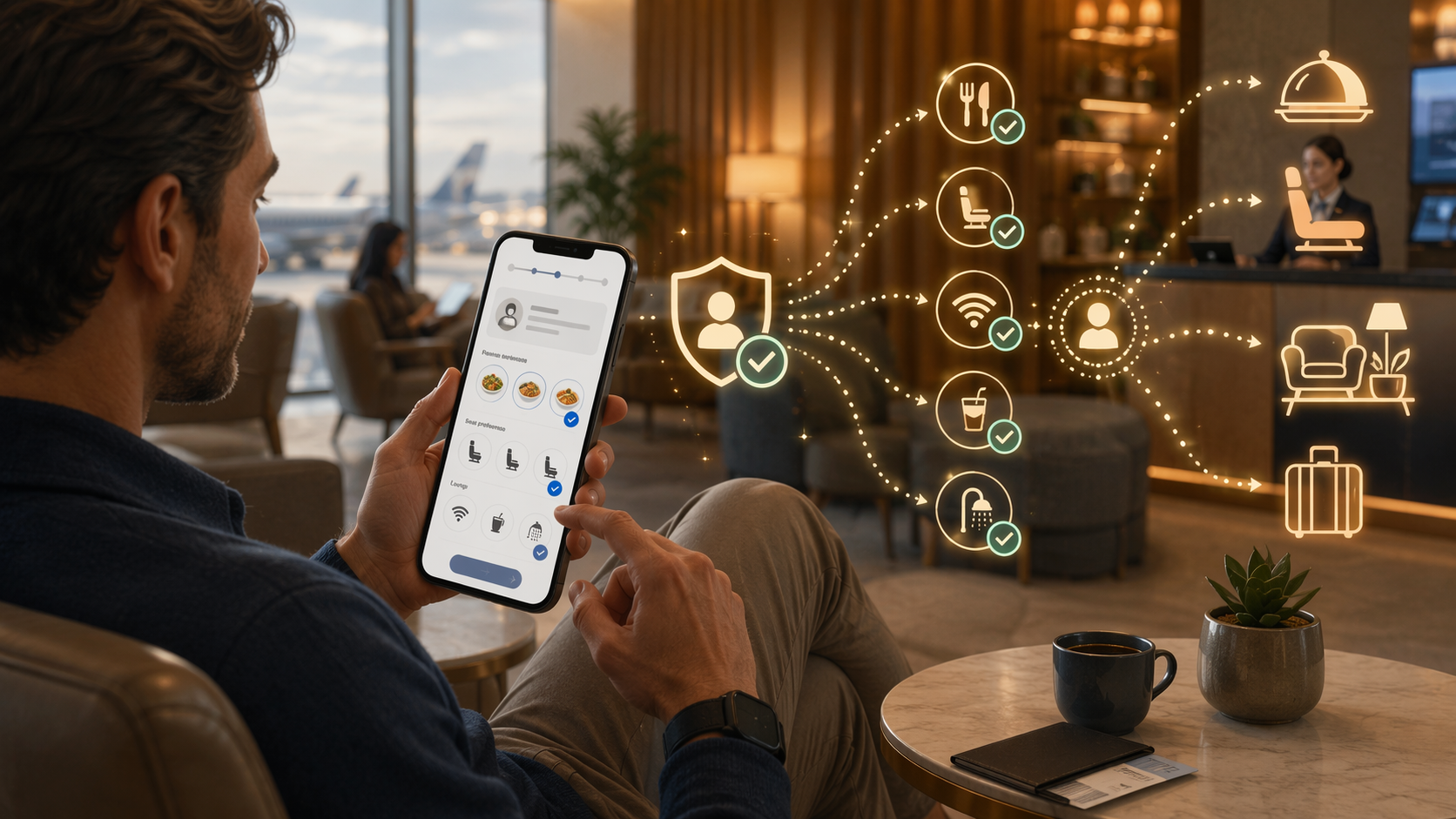 Traveler using a smartphone app to answer a lounge preference quiz.