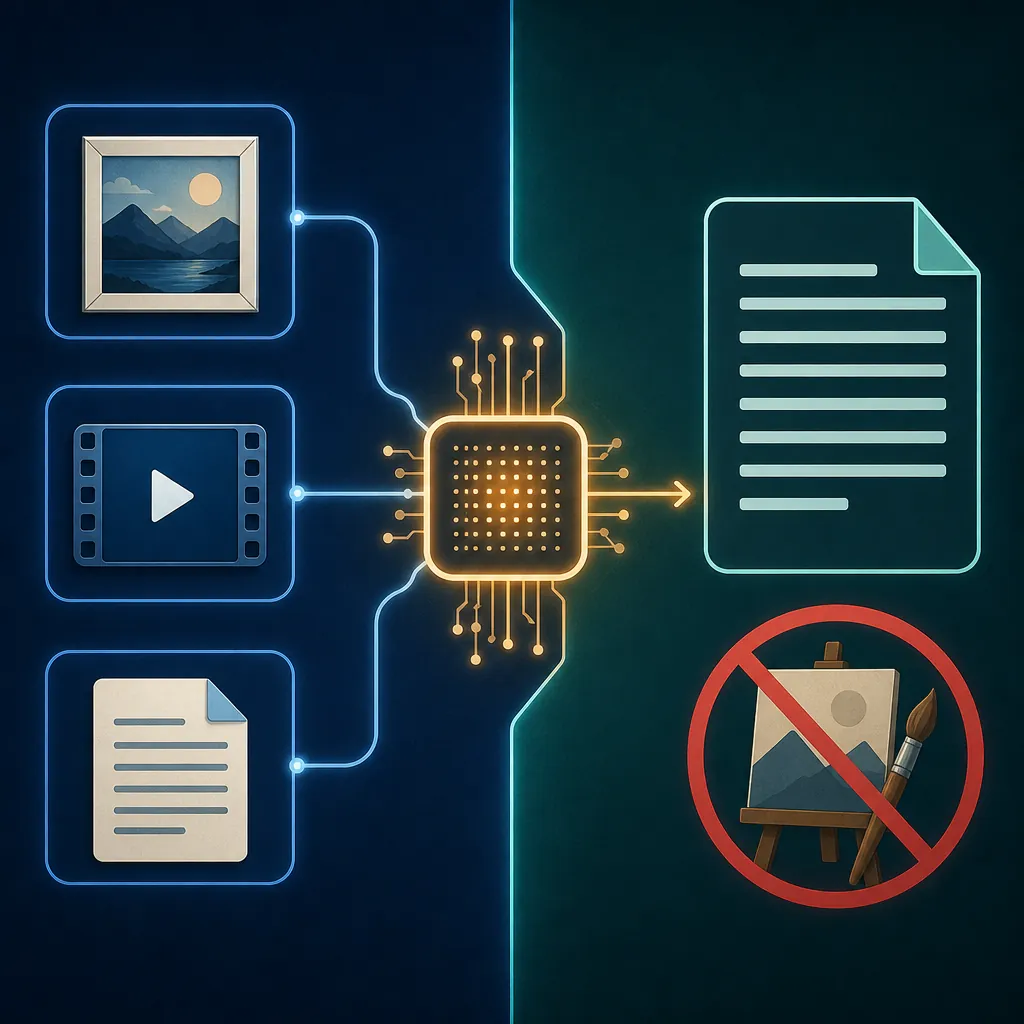 Image, video, and text inputs flowing into text-only output with ad image generation crossed out