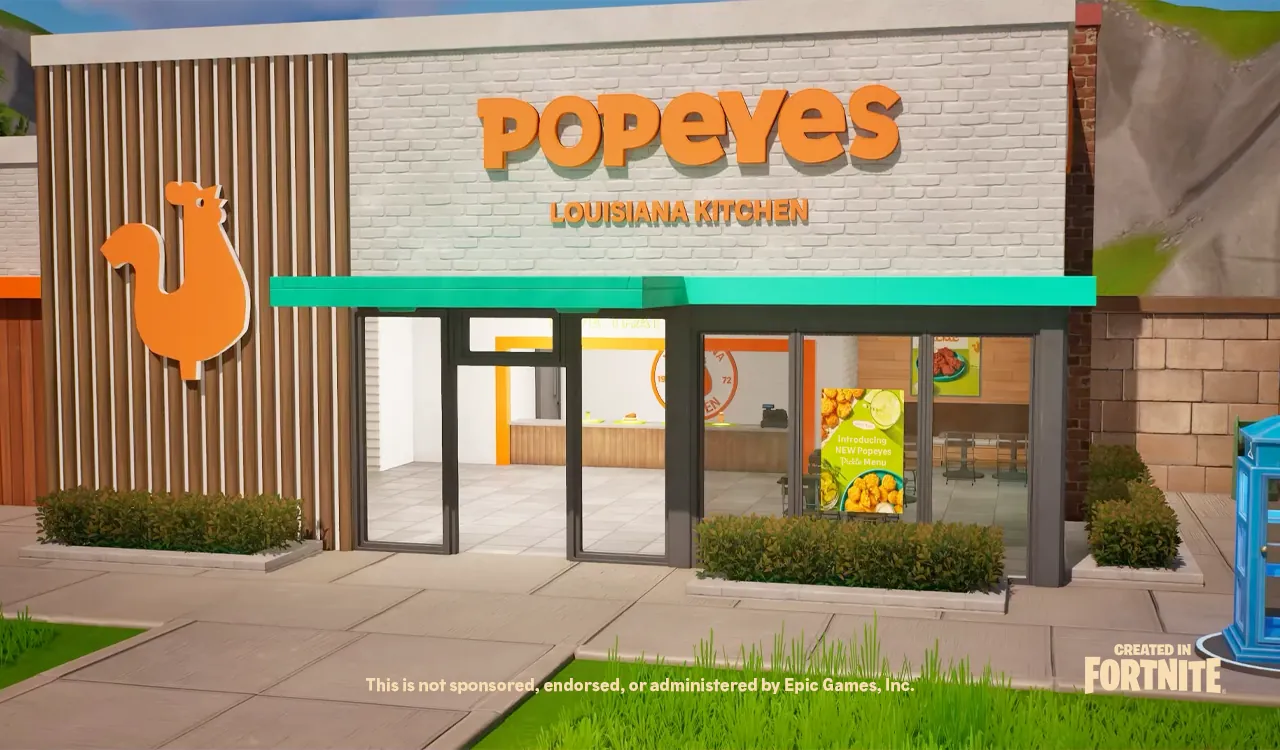 Fortnite screenshot showing a Popeyes restaurant structure integrated into a Murder Mystery island