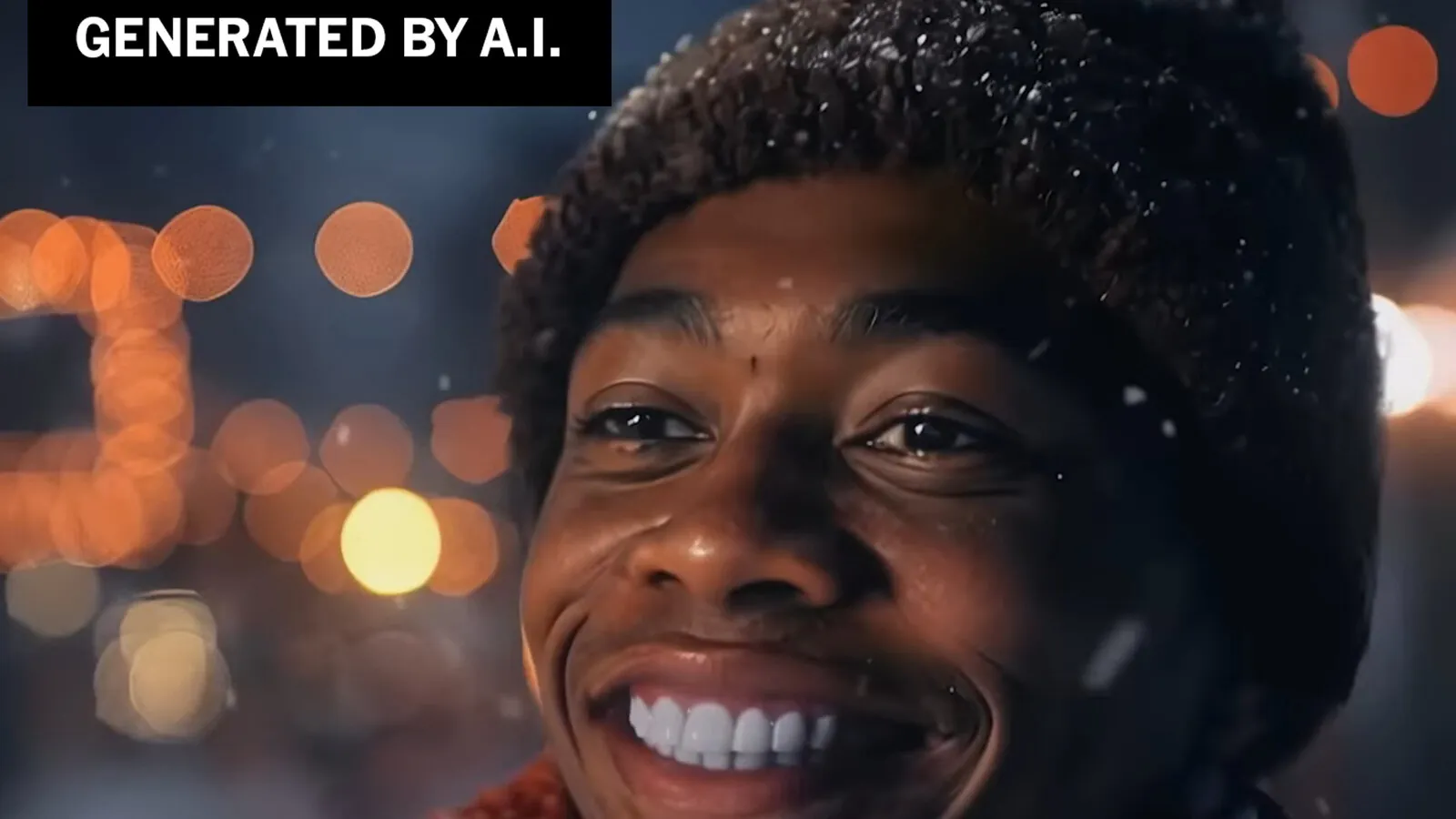 Frame from Coca-Cola's AI-generated holiday ad campaign showing stylized winter scenery