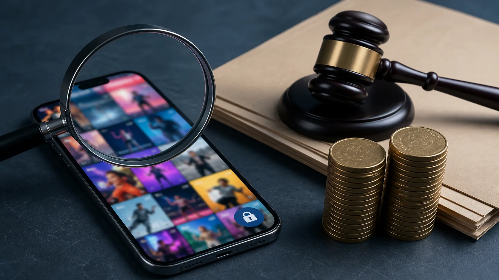 Smartphone showing a short-video feed beside a gavel, coins, legal document, and magnifying glass