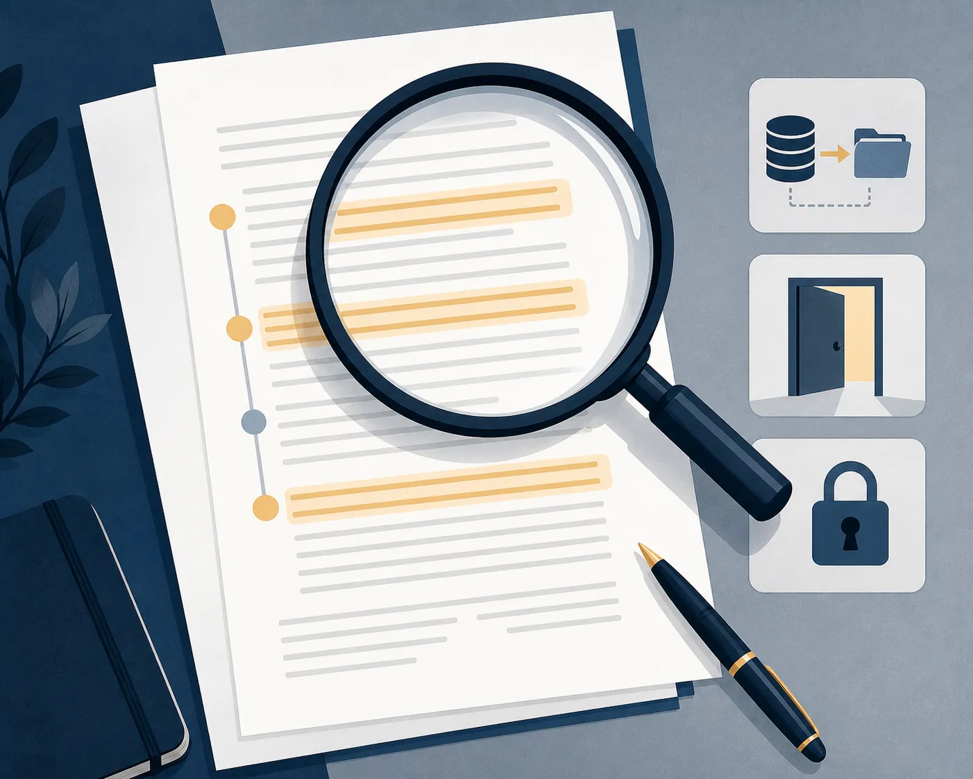 A magnifying glass reviews highlighted contract clauses with icons for data transfer, exit, and security