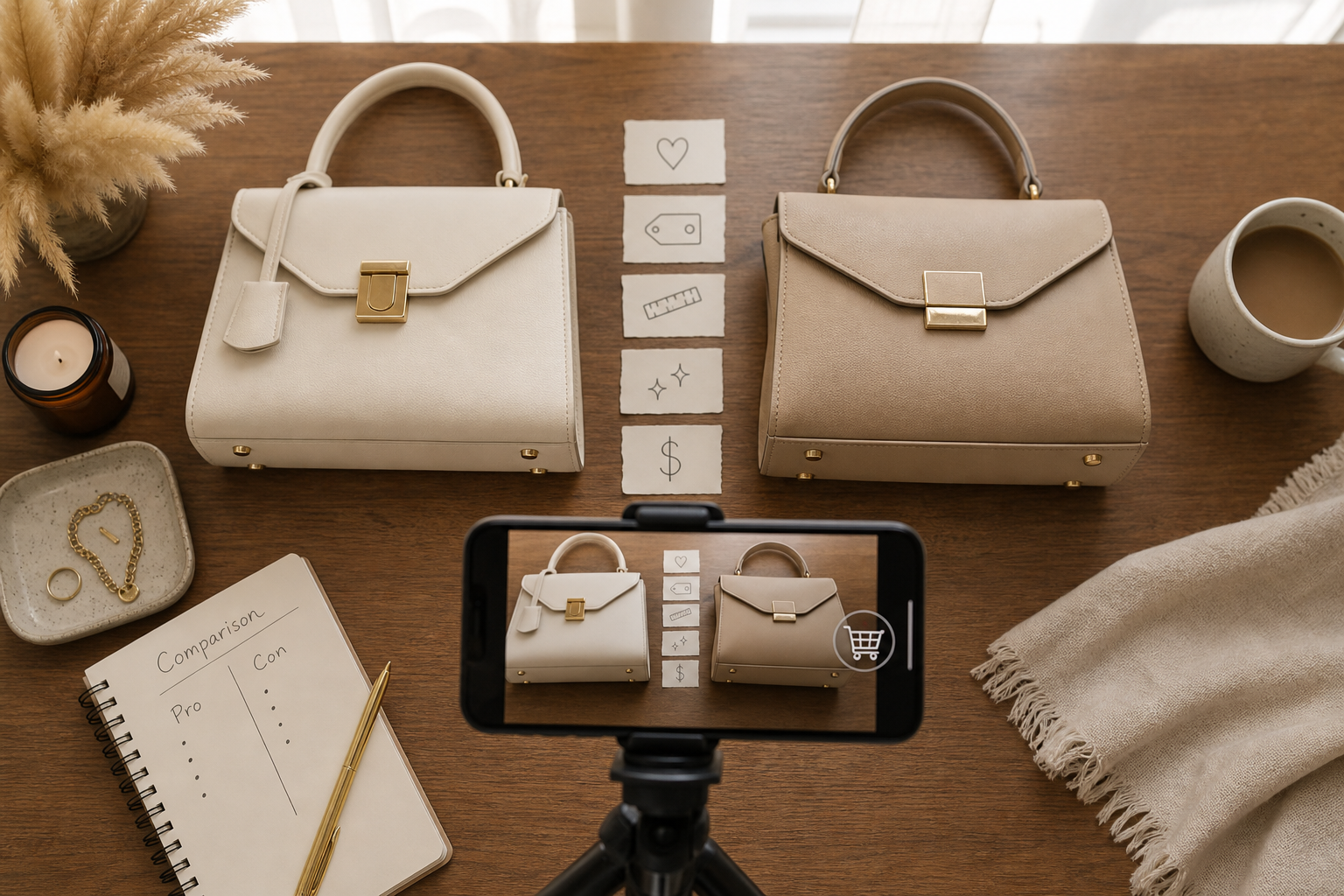 Two similar handbags being filmed for a side-by-side shopping comparison