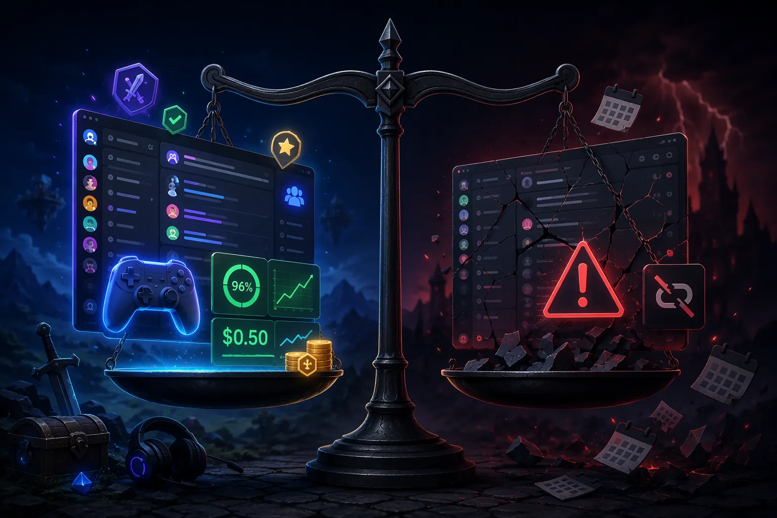 Balance scale comparing Discord Quest performance with outage and calendar risk