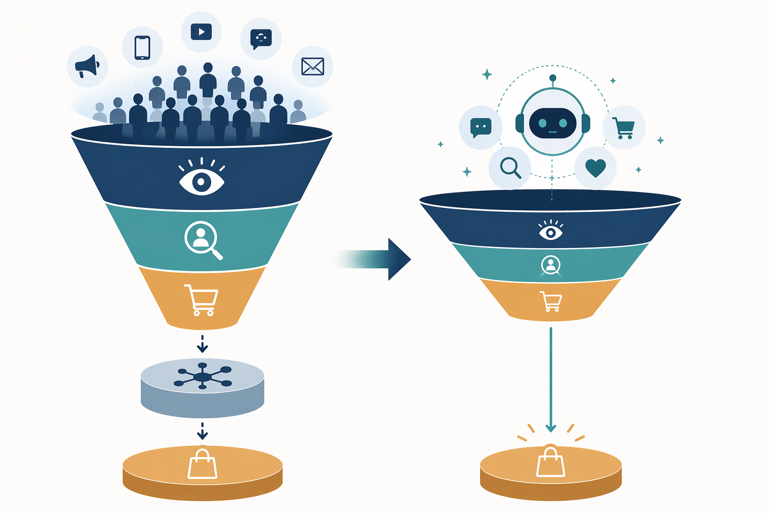 Traditional marketing funnel contrasted with a shorter compressed funnel where AI agents bypass an intermediary layer