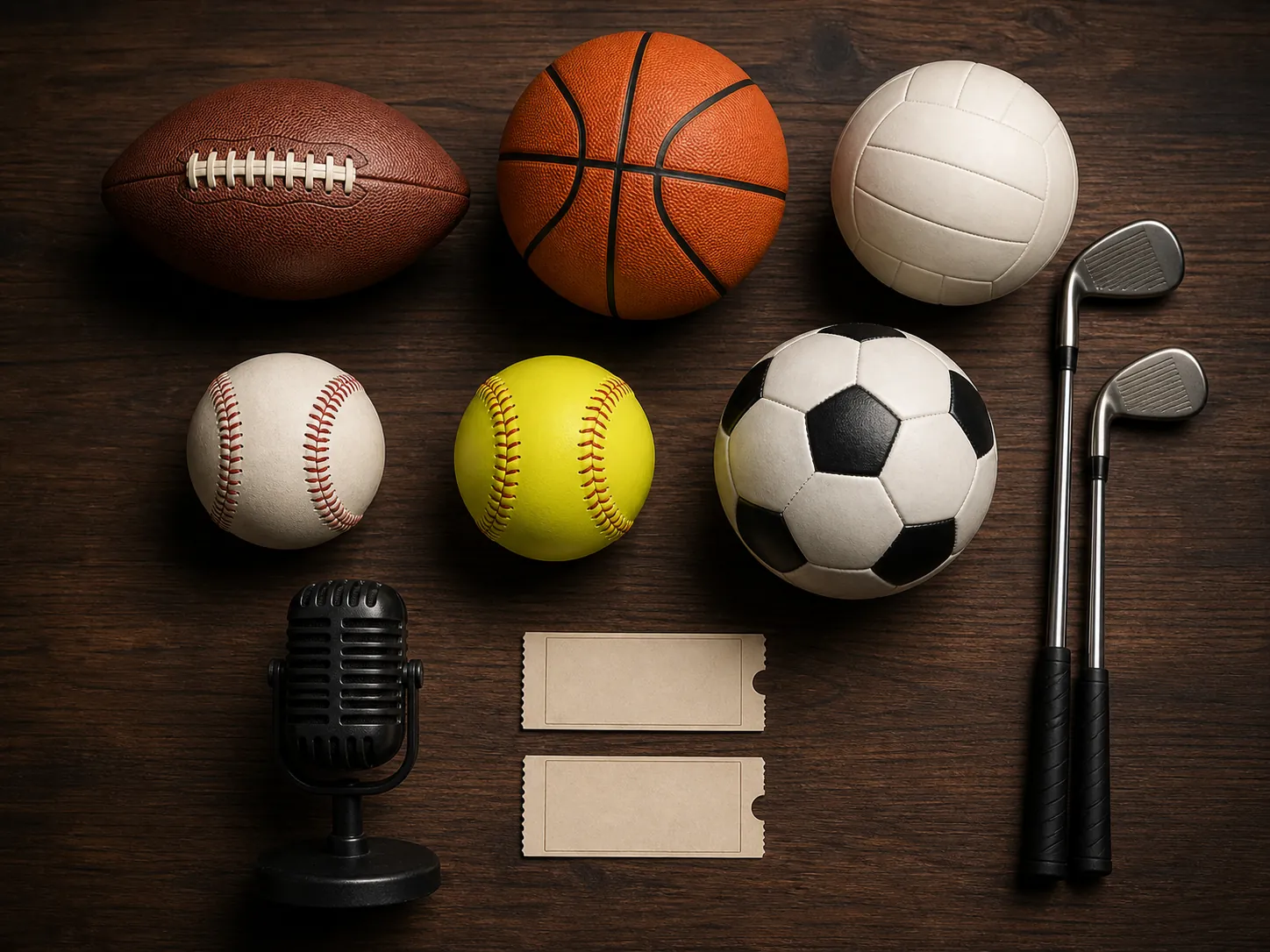 Flat-lay of football, basketball, volleyball, baseball, softball, soccer ball, golf clubs, radio microphone, and event tickets representing a bundled college athletics sponsorship