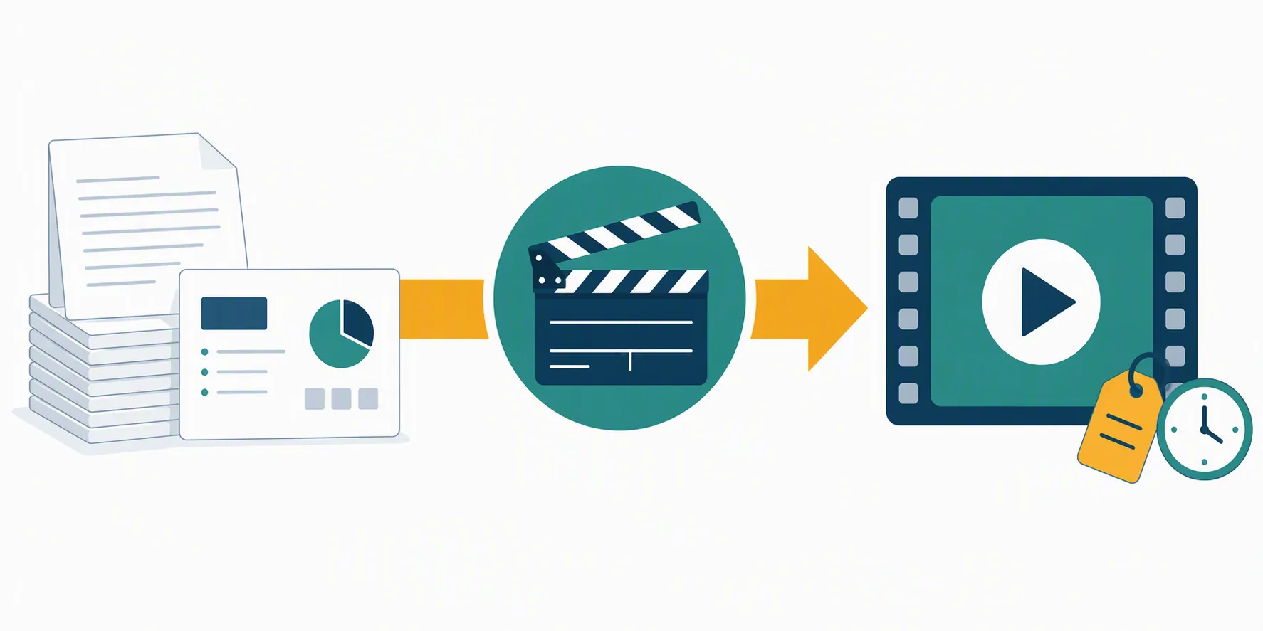 A document-to-video workflow moving from files and a slide deck through generation to a priced video output