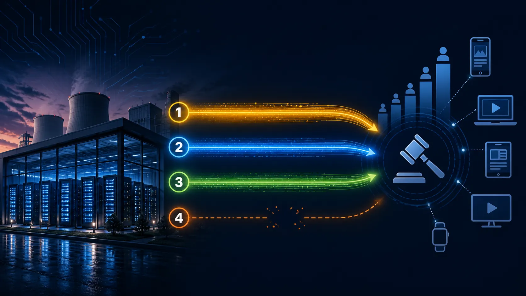 AI data center feeding four distinct channels into a digital advertising auction