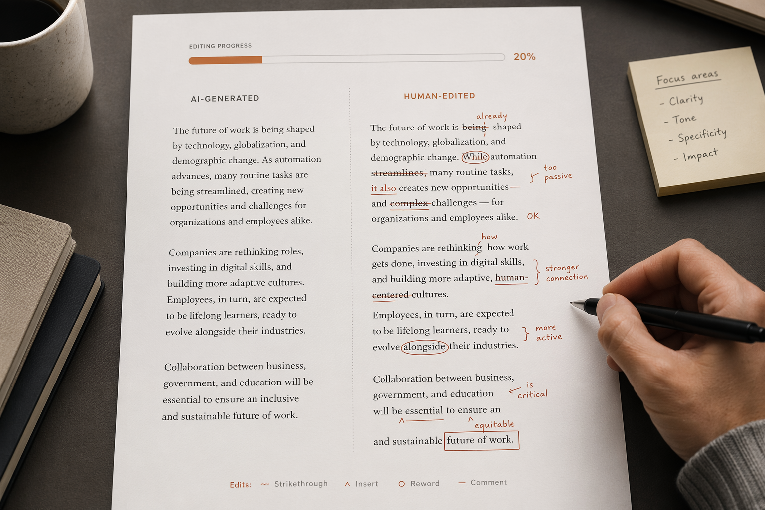 AI-generated document with handwritten edits and markup showing substantial human revision.