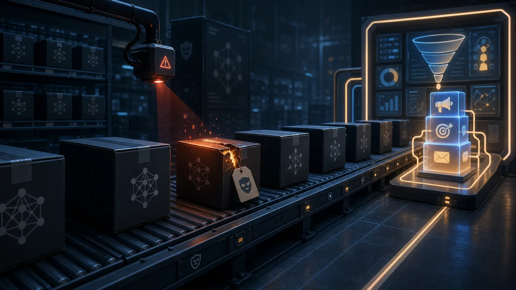 A forged model package moving through a warehouse-like supply chain toward marketing dashboards