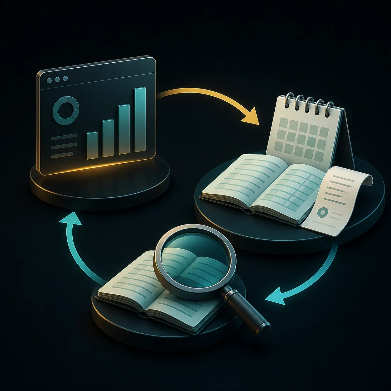 A verification loop connecting a campaign dashboard, dated ledger, receipts, and review magnifier