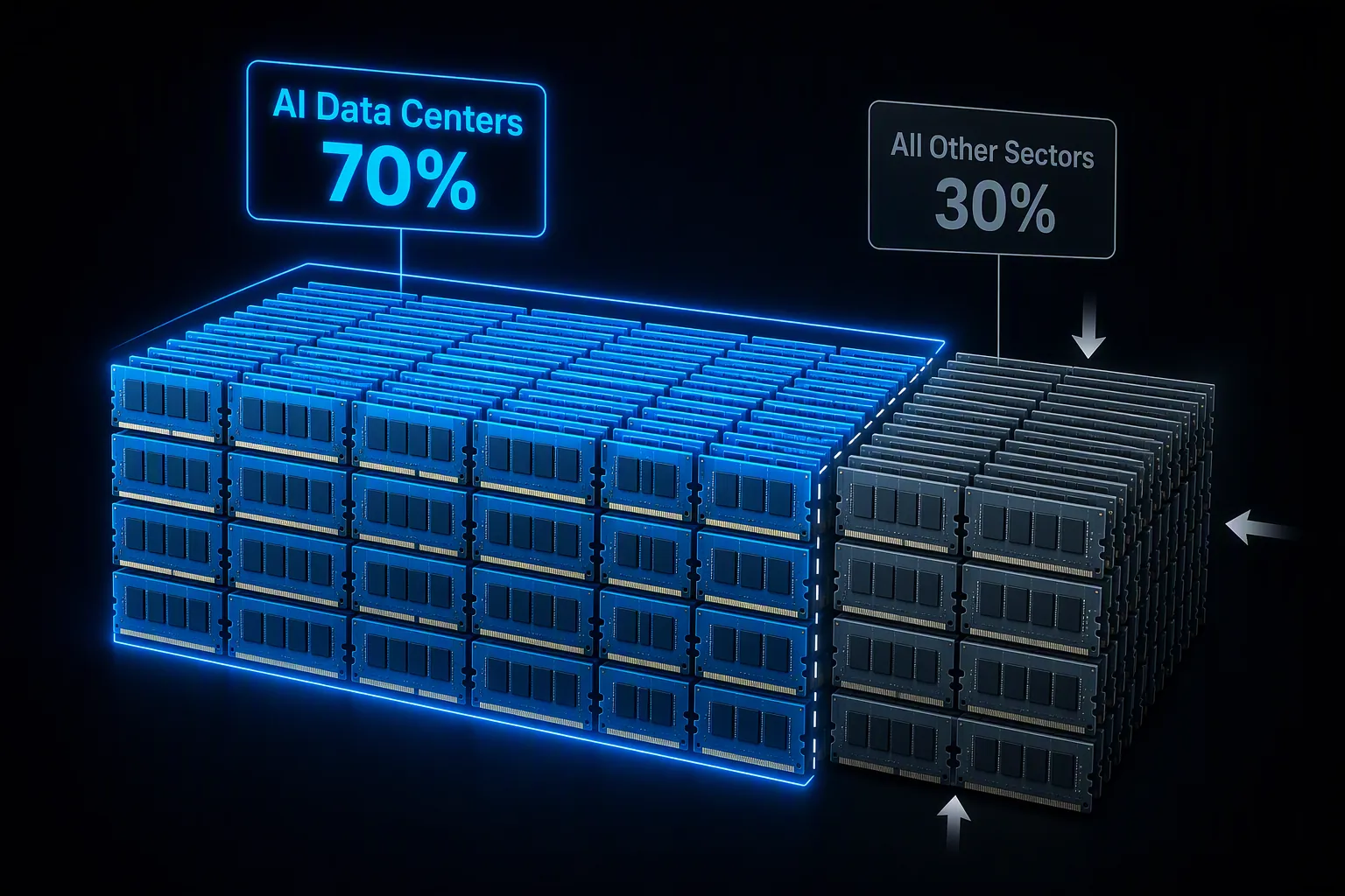 Memory allocation graphic showing AI data centers consuming 70 percent and all other sectors sharing the remaining 30 percent
