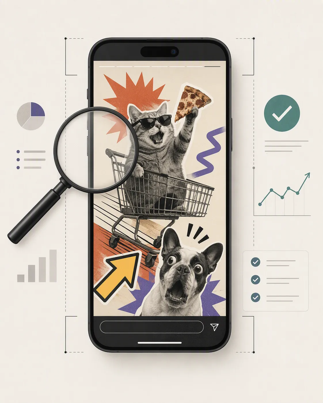 Smartphone showing a playful meme-style vertical story ad with measurement icons around it