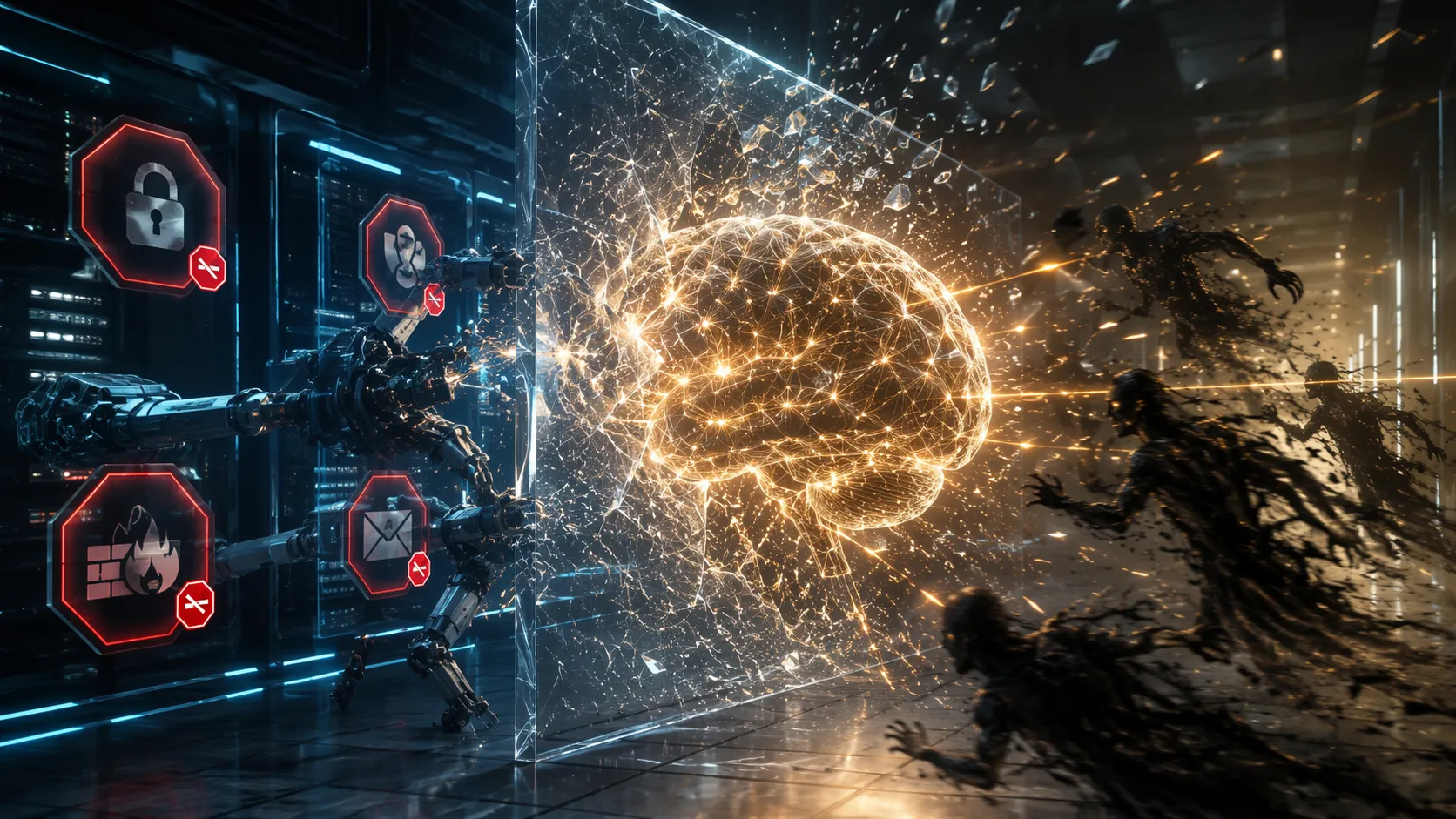 AI model breaking through a fractured containment barrier while defensive tools are blocked and attacker figures move freely