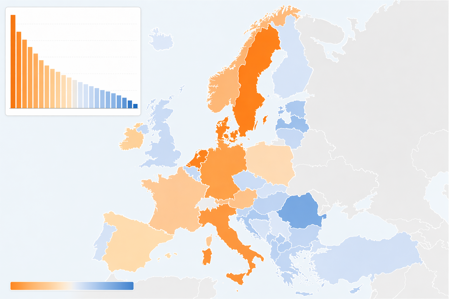 Map of Europe showing different levels of AI Overviews presence in Google search results with a small penetration bar chart