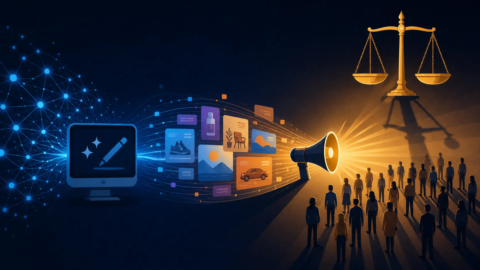AI-generated advertising passing from a creative tool toward publication while scales of justice hover over the broadcast side