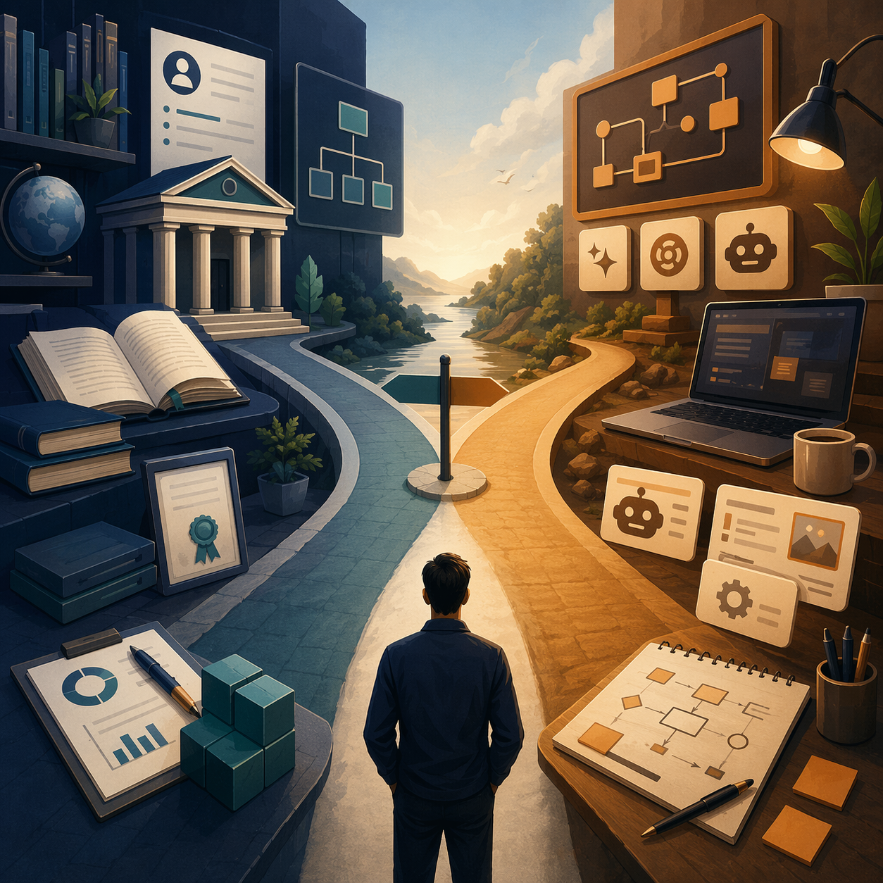 Editorial illustration of two diverging pathways from one starting point, one toward structured strategic learning and one toward hands-on tactical execution