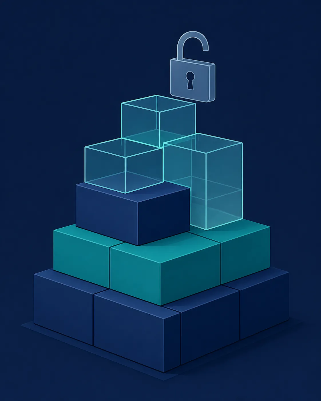A partially built security stack with solid lower blocks and translucent upper blocks