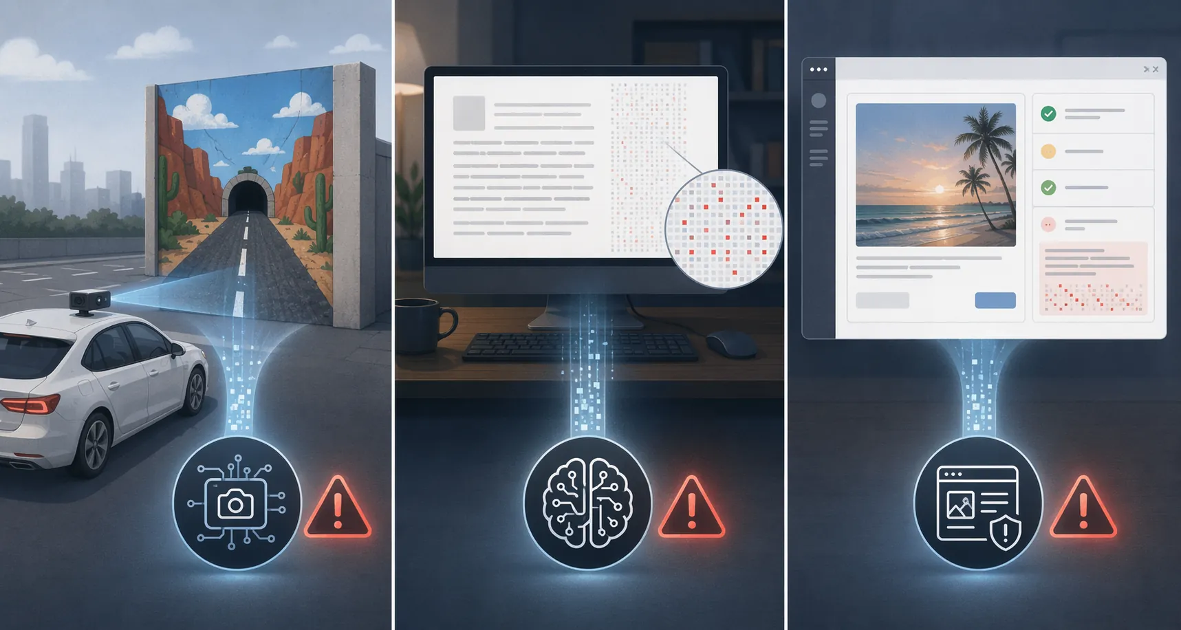 Three AI systems fooled by single input streams: a car camera, hidden prompt text, and an ad review dashboard