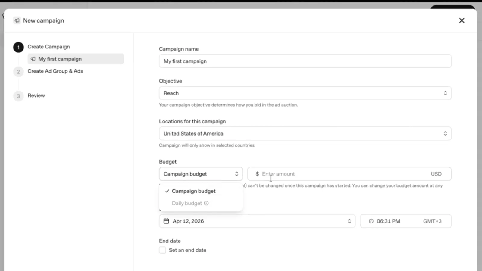 ChatGPT Ads Manager dashboard with campaign fields, budget settings, CPC bid controls, and targeting options