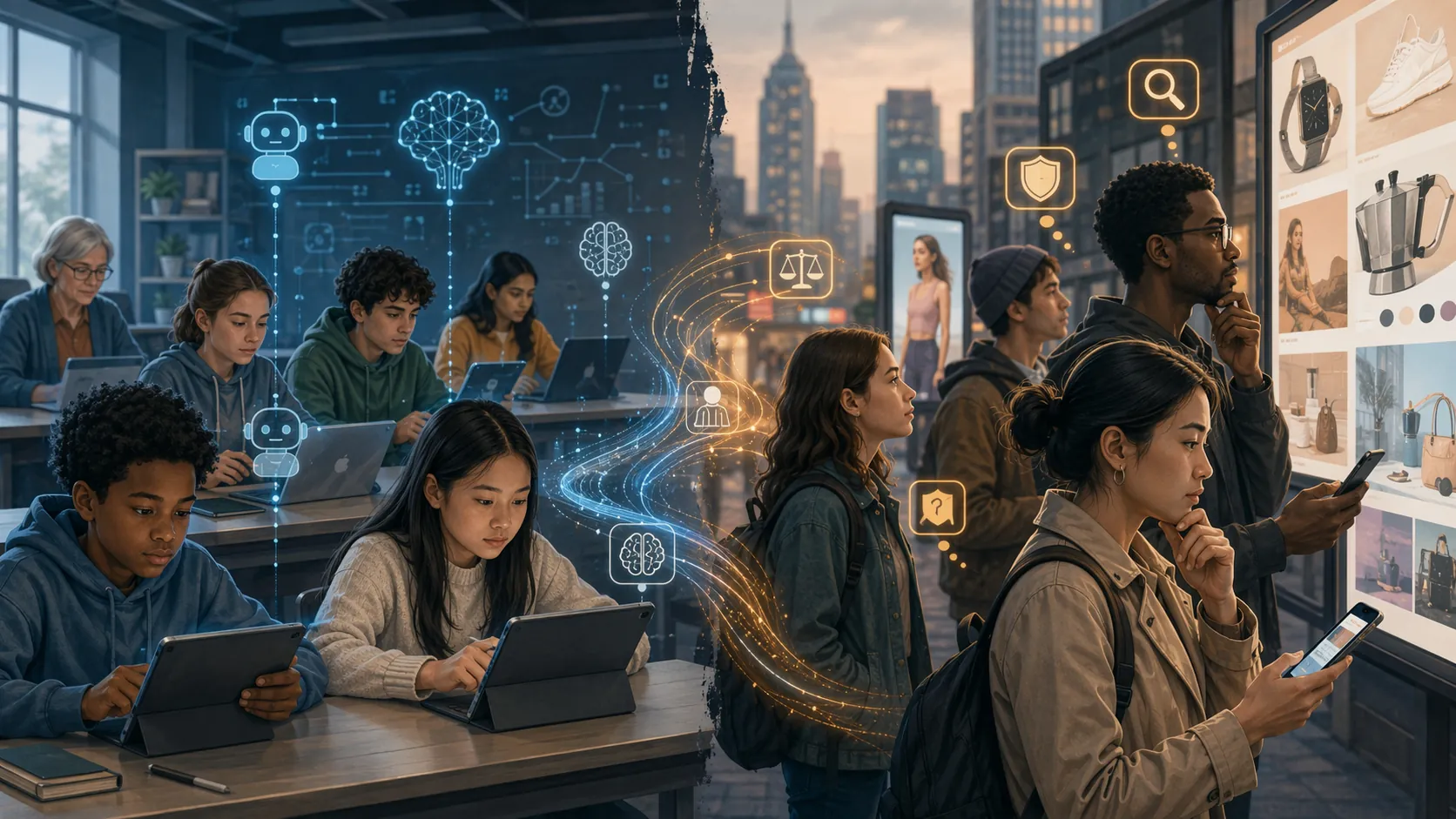 Students learning with AI tools in a classroom connected to young adults evaluating digital ads