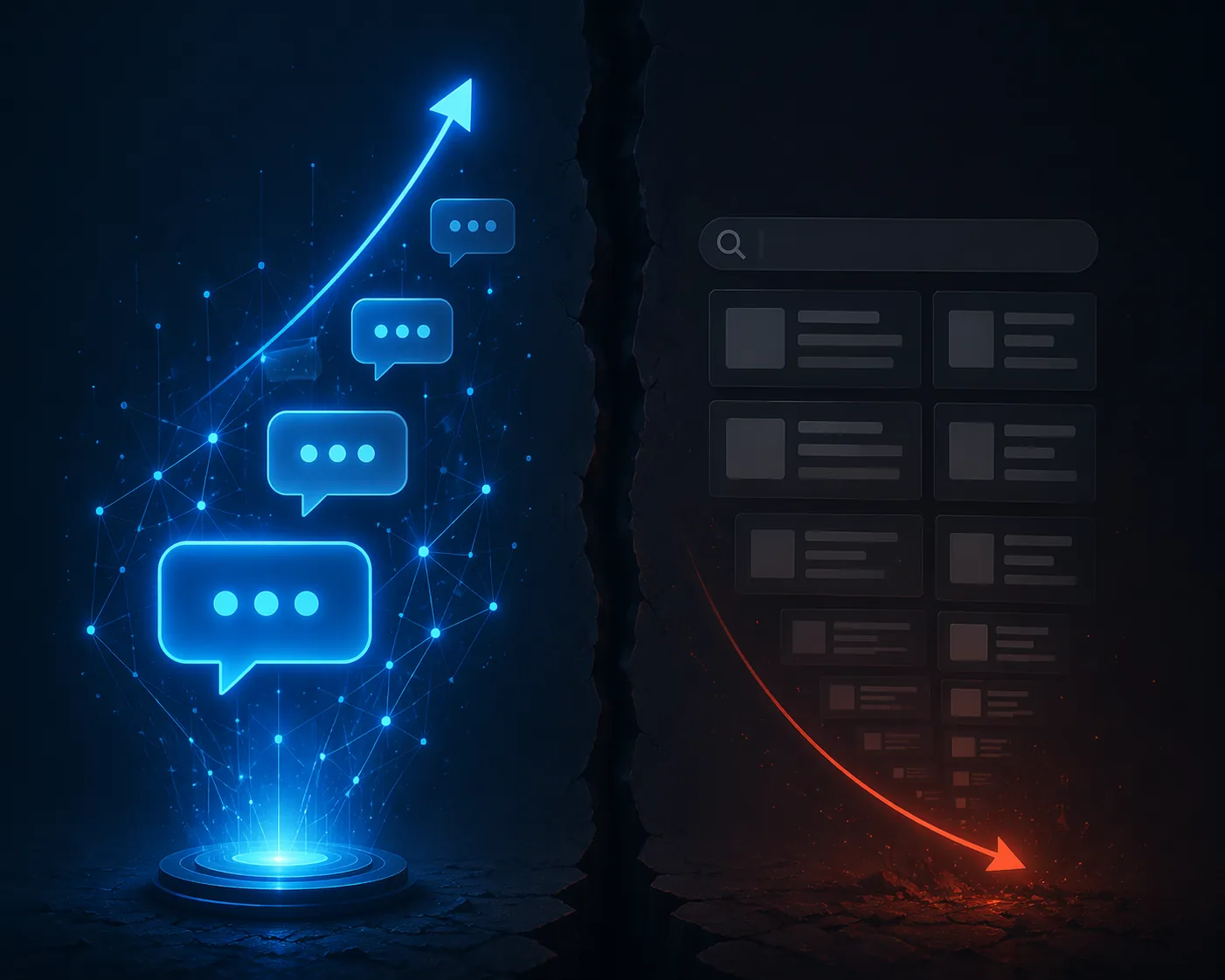 Illustration of expanding AI chat activity beside shrinking search results inventory