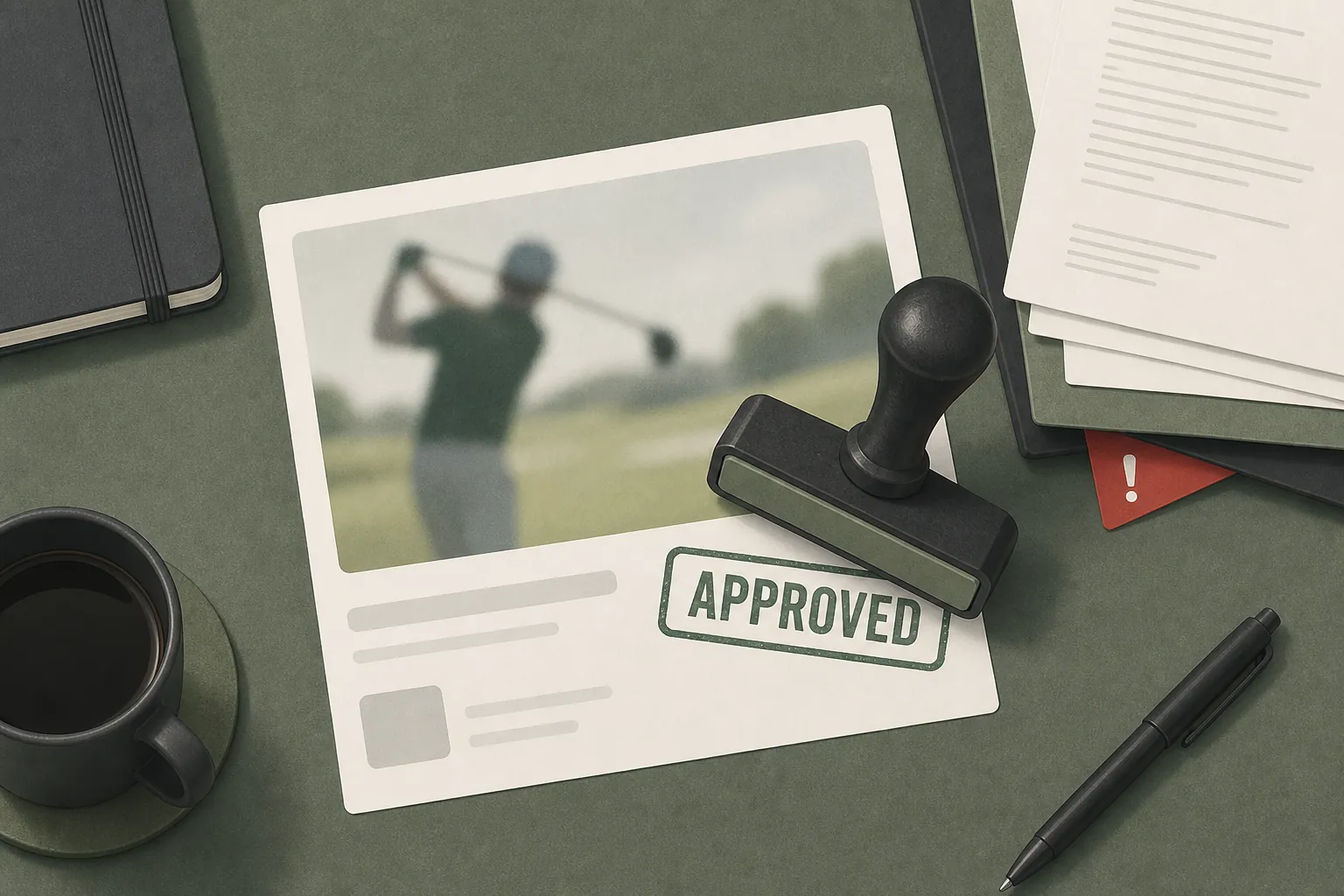 An approved content card with a warning flag hidden beneath approval paperwork