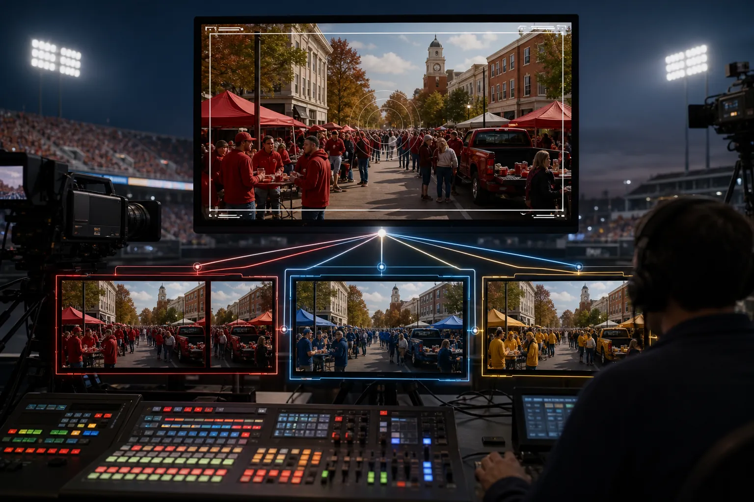 College-football broadcast control room with one master feed branching into tailored Fansville-style ad versions