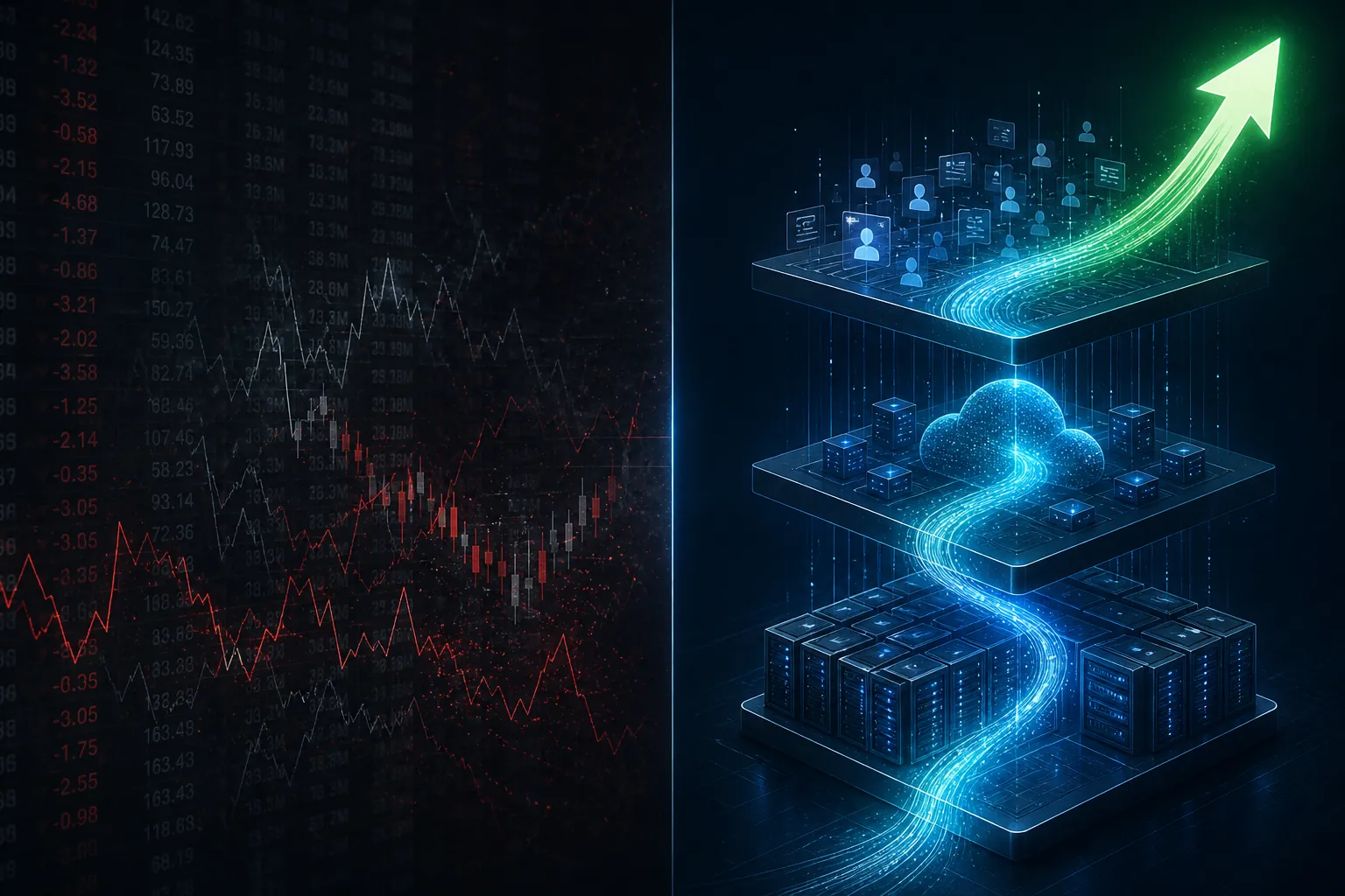 Split visual contrasting stock ticker noise with a clear signal path through data-center, cloud, and auction blocks