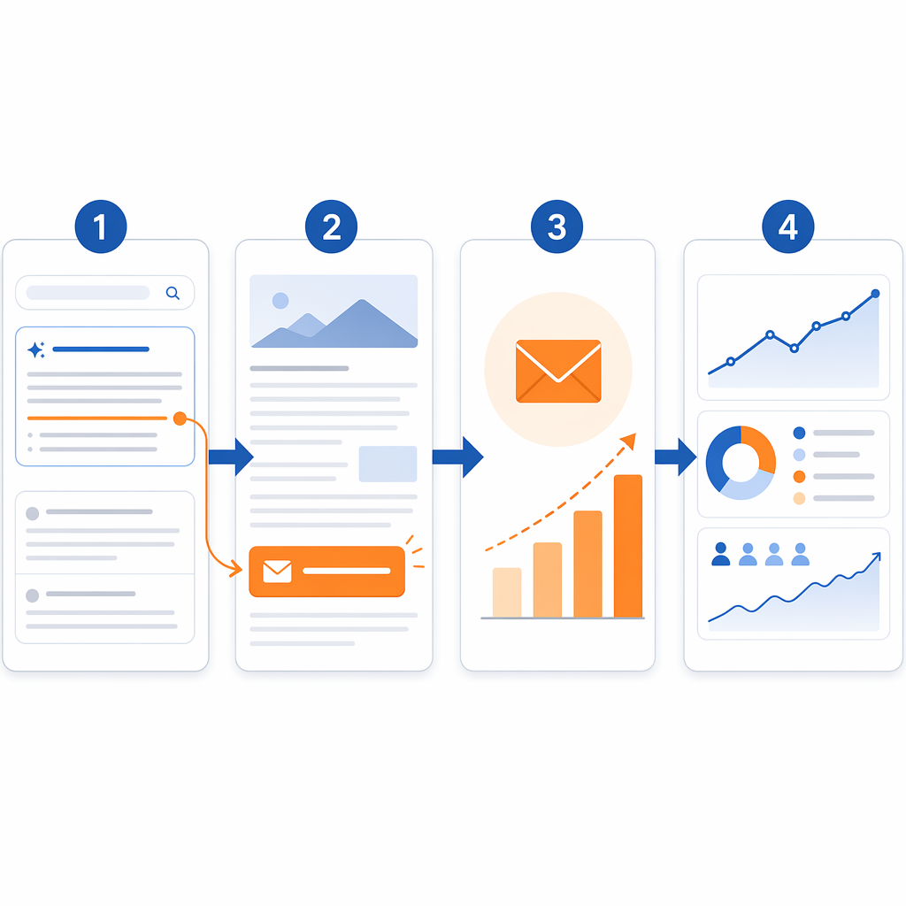 Workflow from AI citation to newsletter signup to subscriber growth dashboard