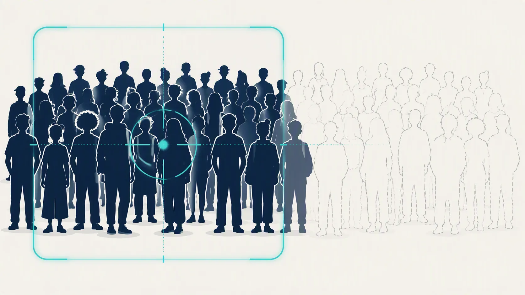 Large crowd with part of the audience faded under a targeting reticle, showing the gap between displayed Gen Z reach and addressable ad targeting
