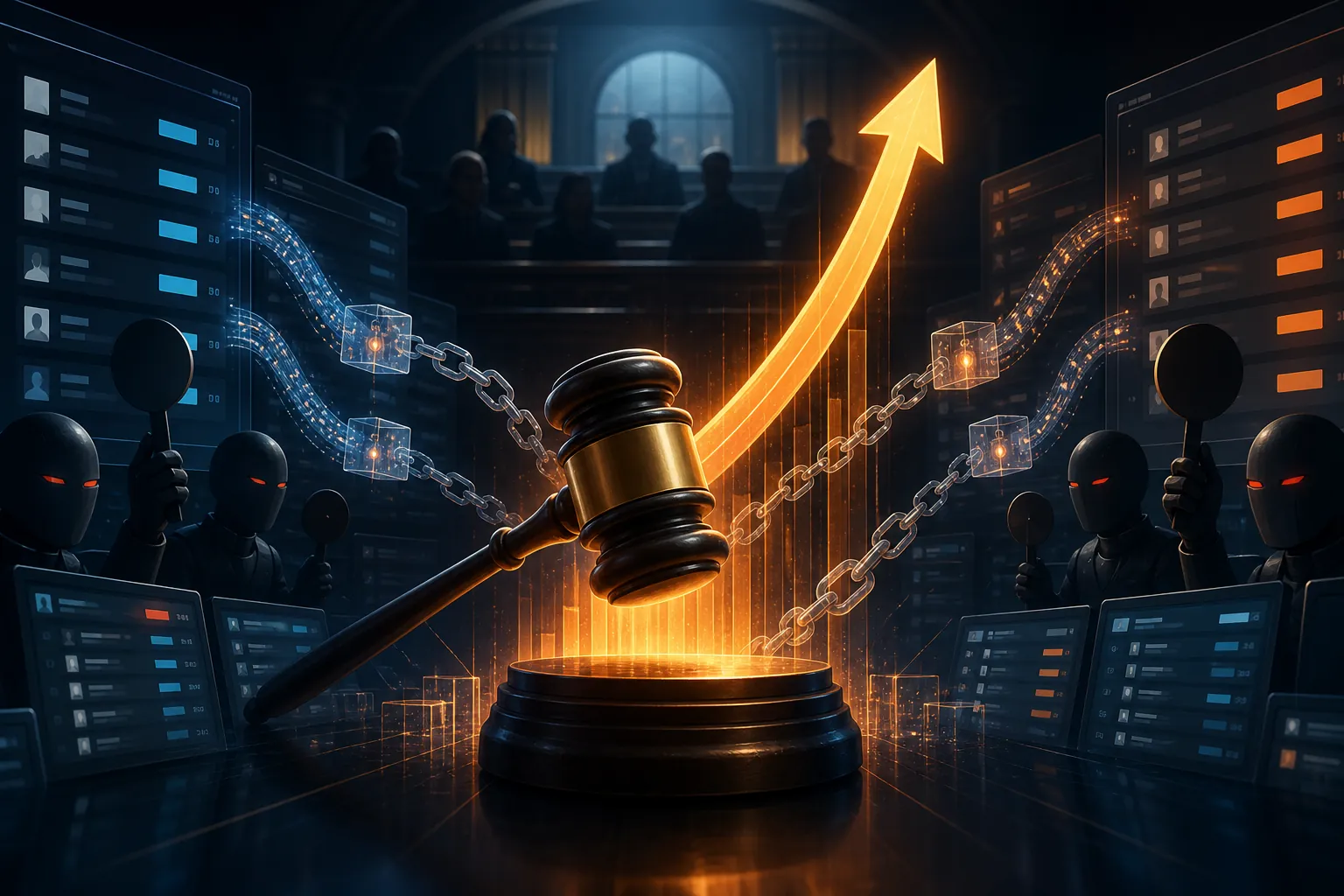 Digital auction scene showing a rising CPM arrow, fraud figures entering the auction stream, and hidden fee chains pulling prices higher