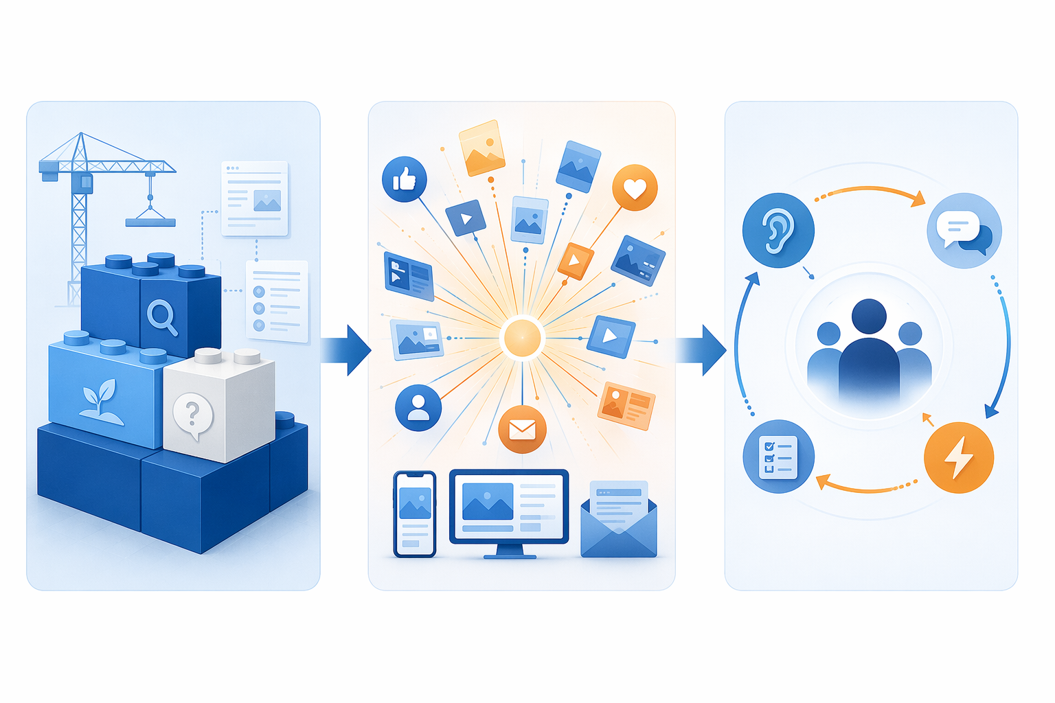 Three connected compressed campaign phases: pre-positioning, announcement burst, and real-time response loop