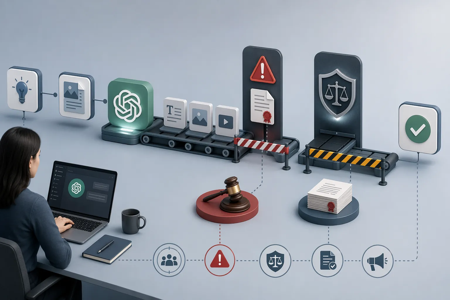 Content marketing workflow with a ChatGPT interface, warning signs, legal documents, hazard tape, a gavel, and legal scales
