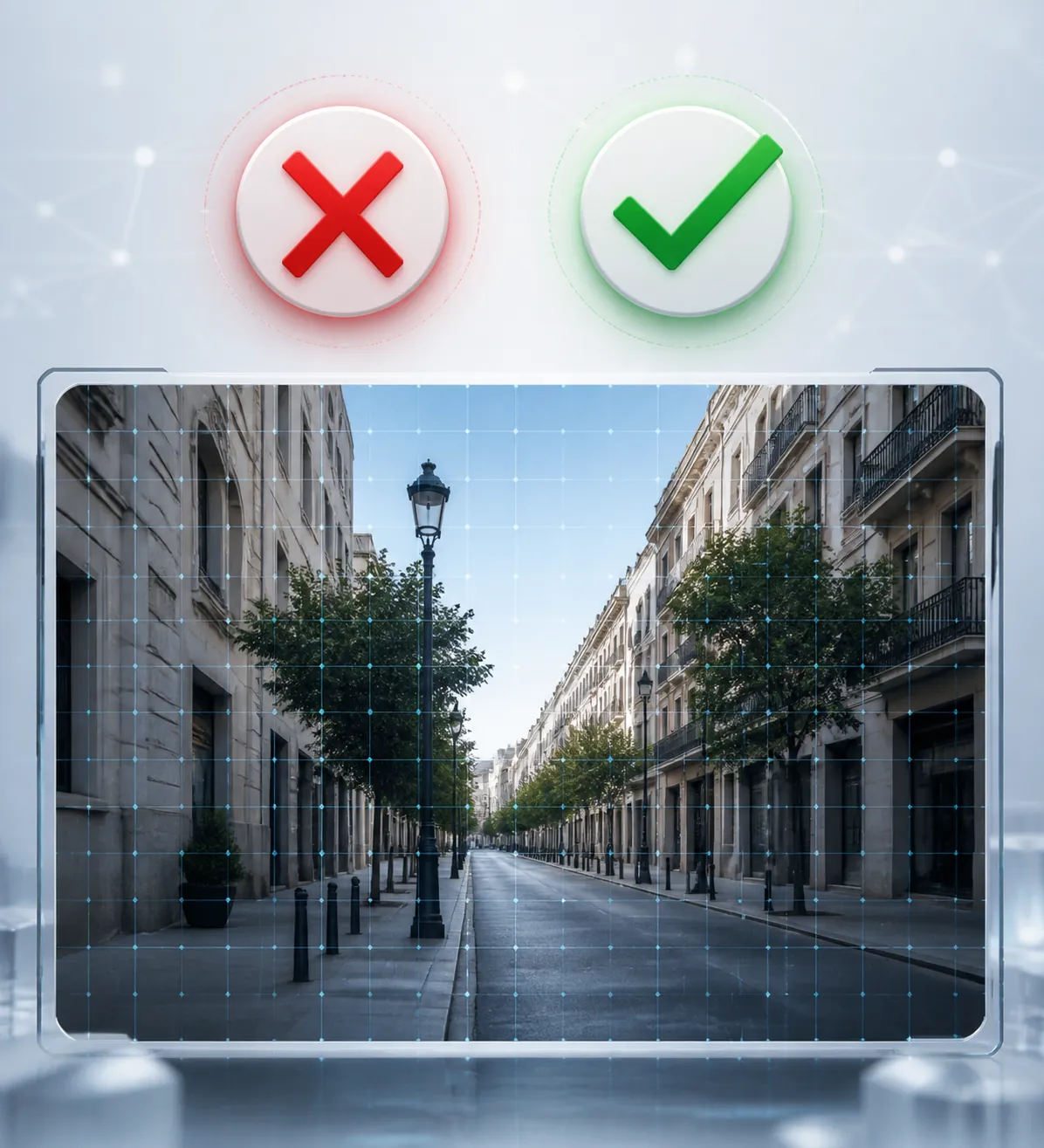 Realistic city street photograph overlaid with a scanning grid, with a red X and green checkmark showing two AI detectors disagreeing on the same image