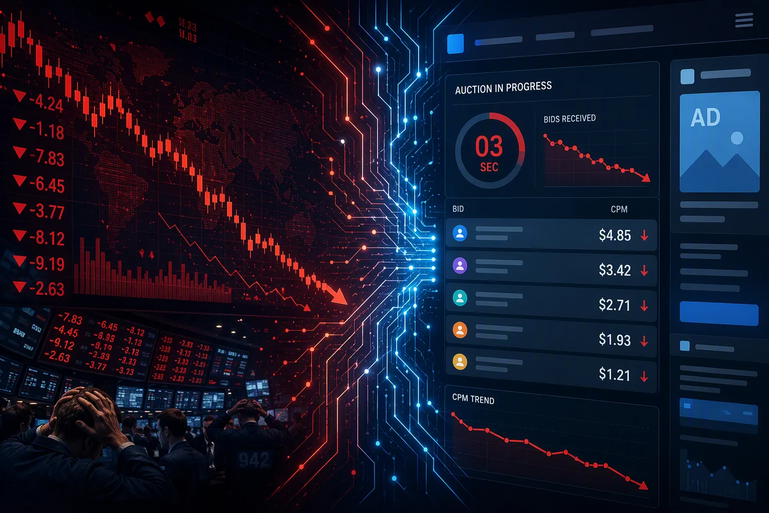 Red stock-market decline feeding into a digital ad auction dashboard with CPM and bid metrics