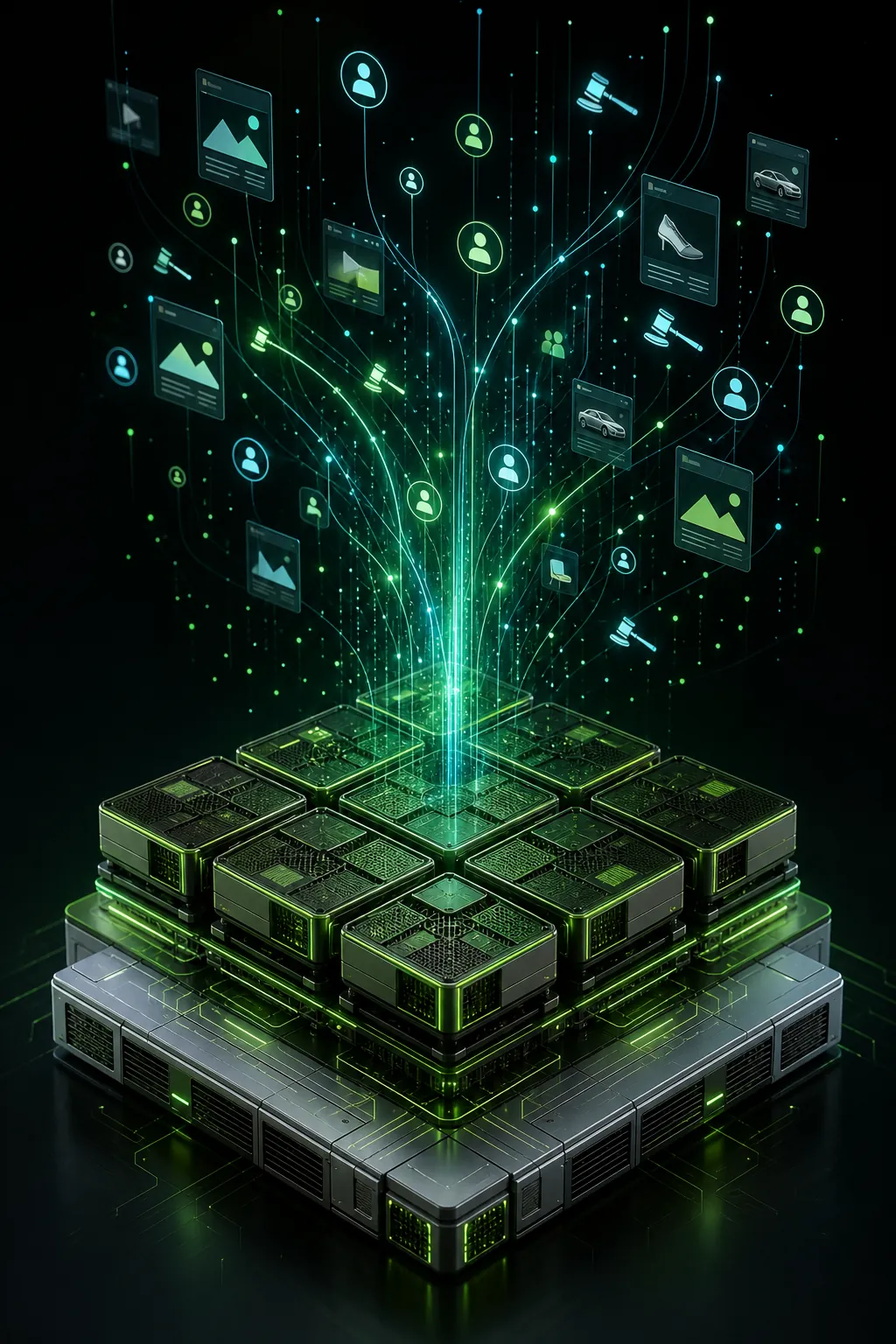 GPU-like infrastructure modules forming a foundation with data streams and auction signals rising upward