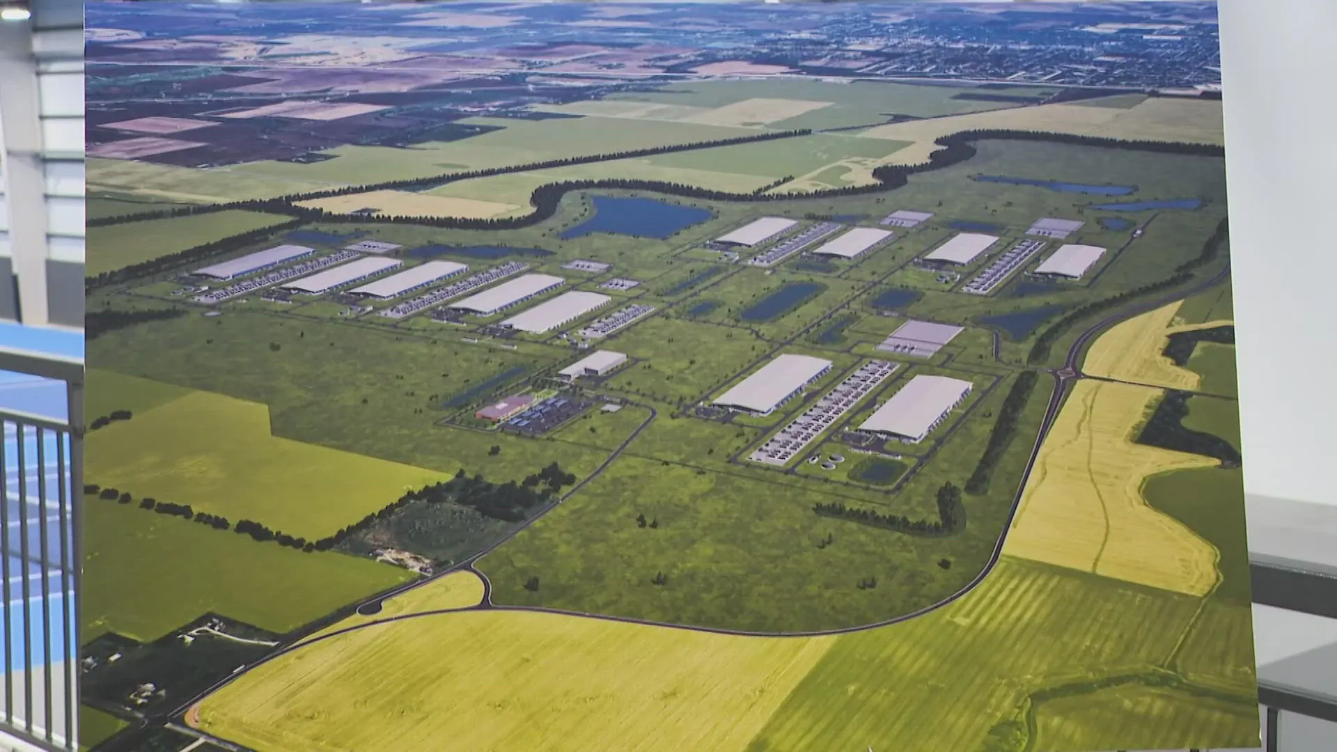 Groundbreaking site for Meta's data center campus in Lebanon, Indiana with construction equipment and attendees on cleared land
