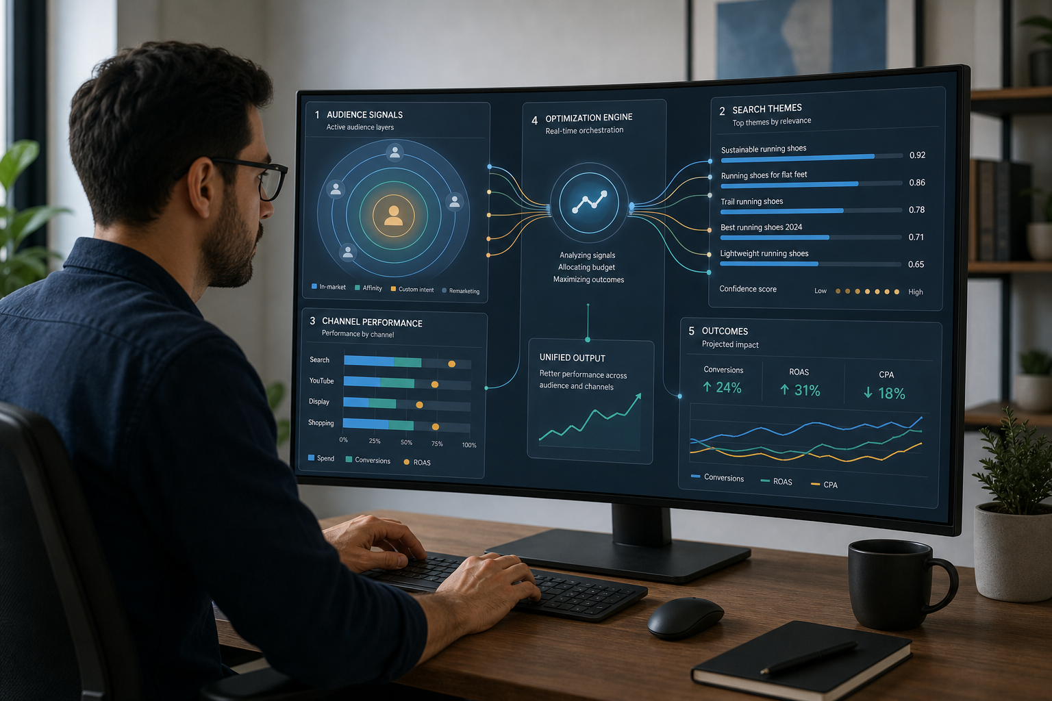 Marketer at a curved monitor displaying a multi-panel dashboard with audience signal layers, search theme performance bars, channel performance data, and a central optimization panel connecting all inputs.