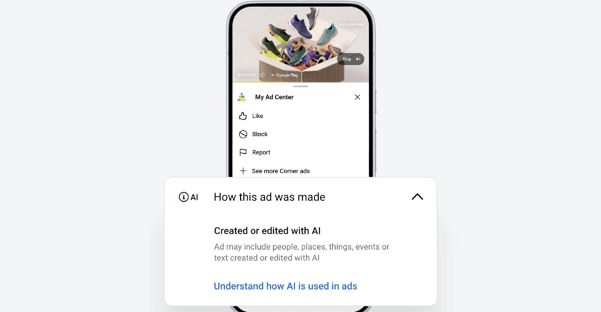 Google ad showing a How this ad was made AI disclosure panel in My Ad Center