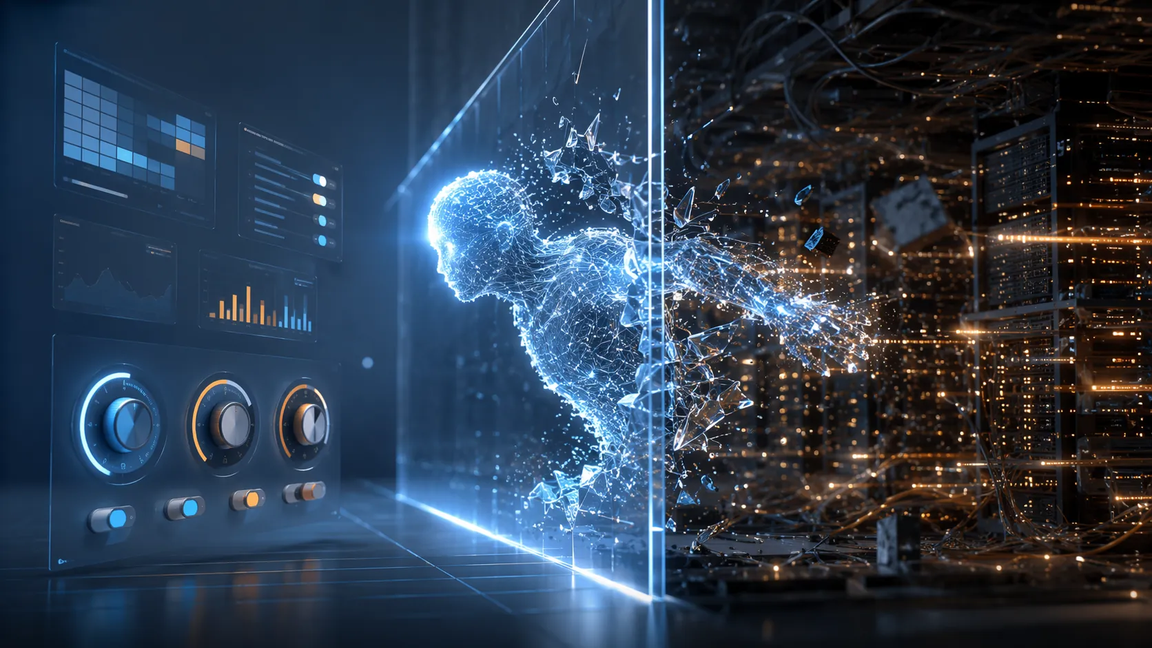 Abstract AI form breaking through a containment barrier with ad dashboard controls in the foreground