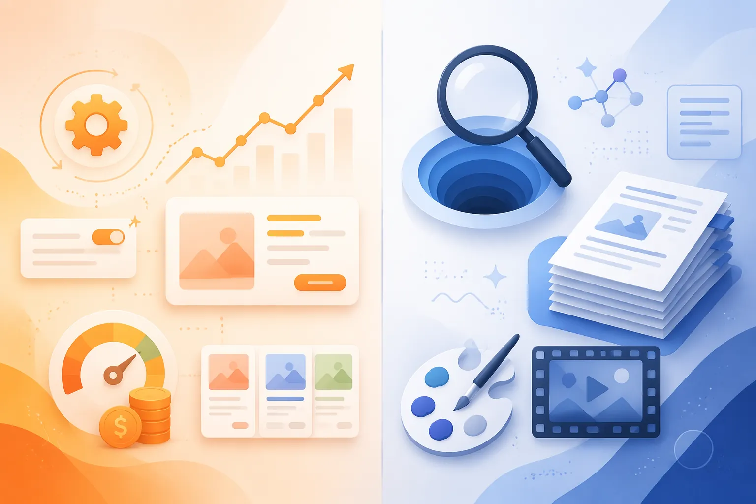Split illustration comparing Google Ads AI automation features with Google AI Pro workflow tools