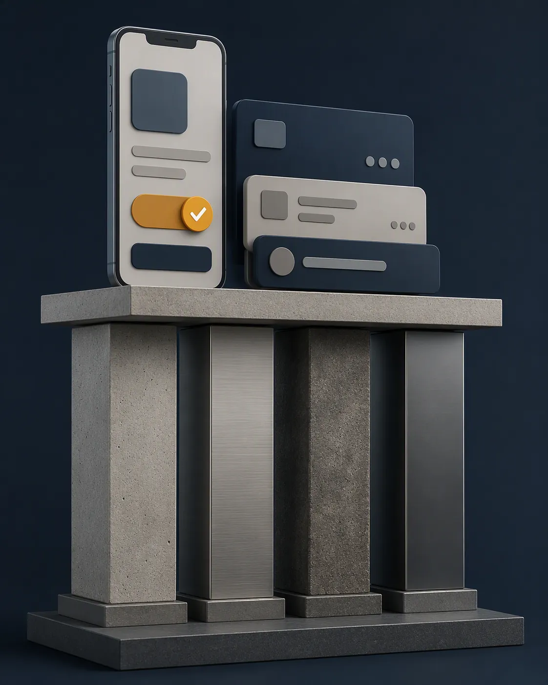 Four pillars supporting a checkout scene with a smartphone, card blocks, and a checkmark toggle