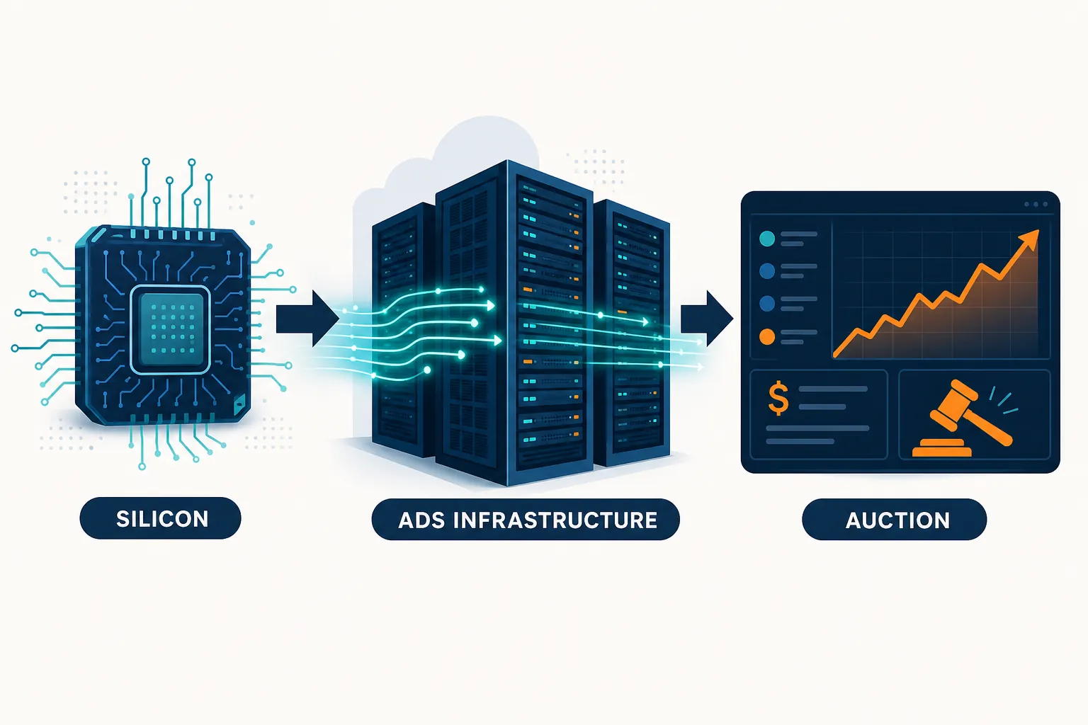 Flow from custom AI chip to Amazon Ads infrastructure to advertiser auction with rising cost trend
