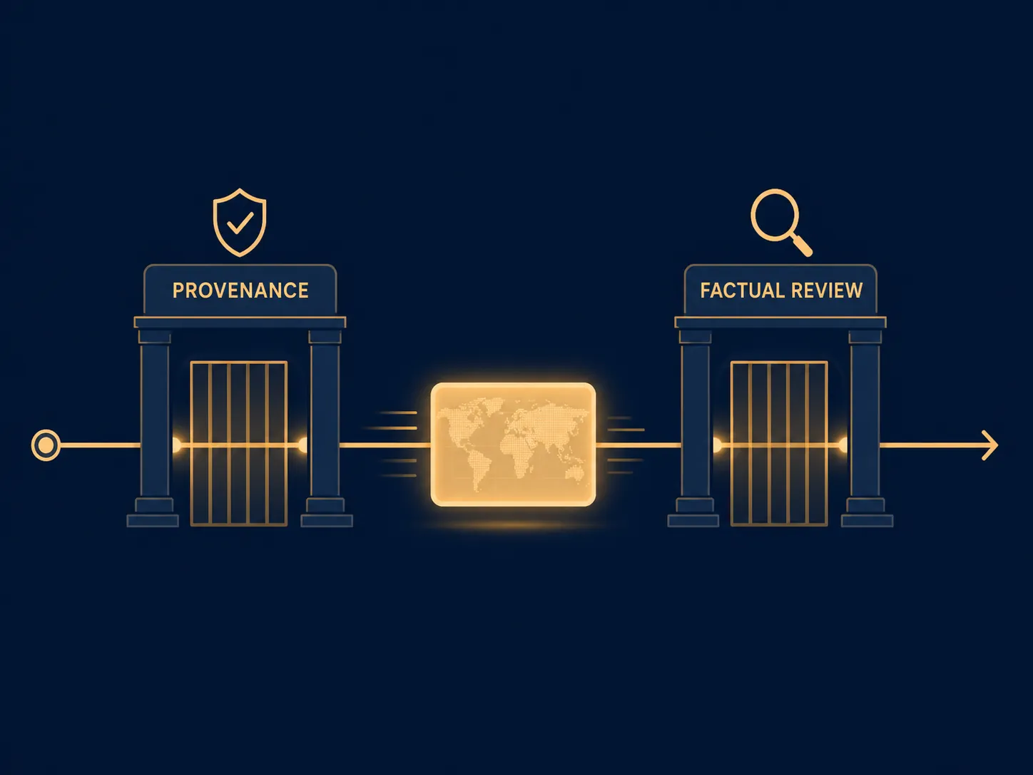 Workflow illustration showing separate provenance and factual review gates for an image asset