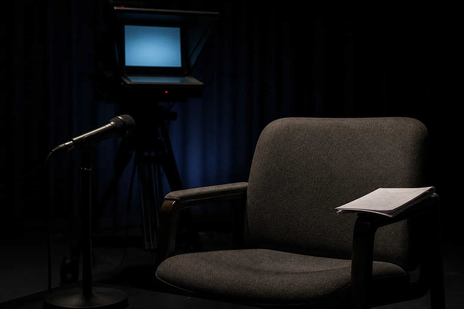 Empty television studio interview set with a microphone, teleprompter and vacant chair